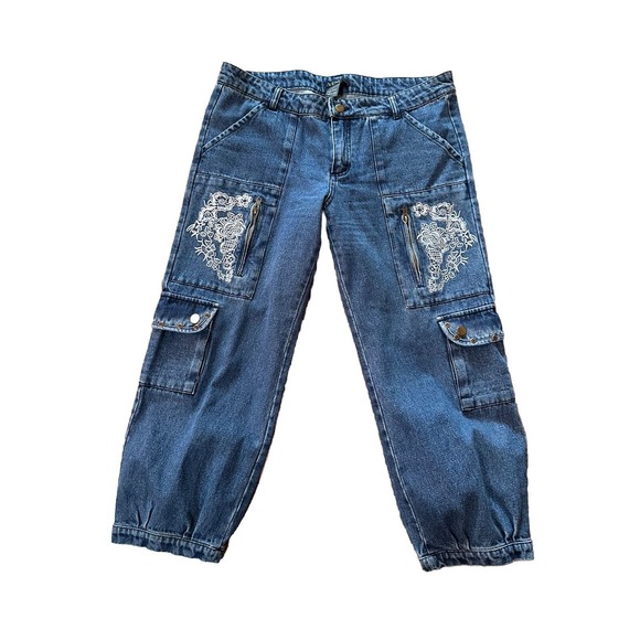 Venus Womens Size 10 Medium Wash Floral Embroidered Cargo Denim Jean Joggers - Picture 1 of 7